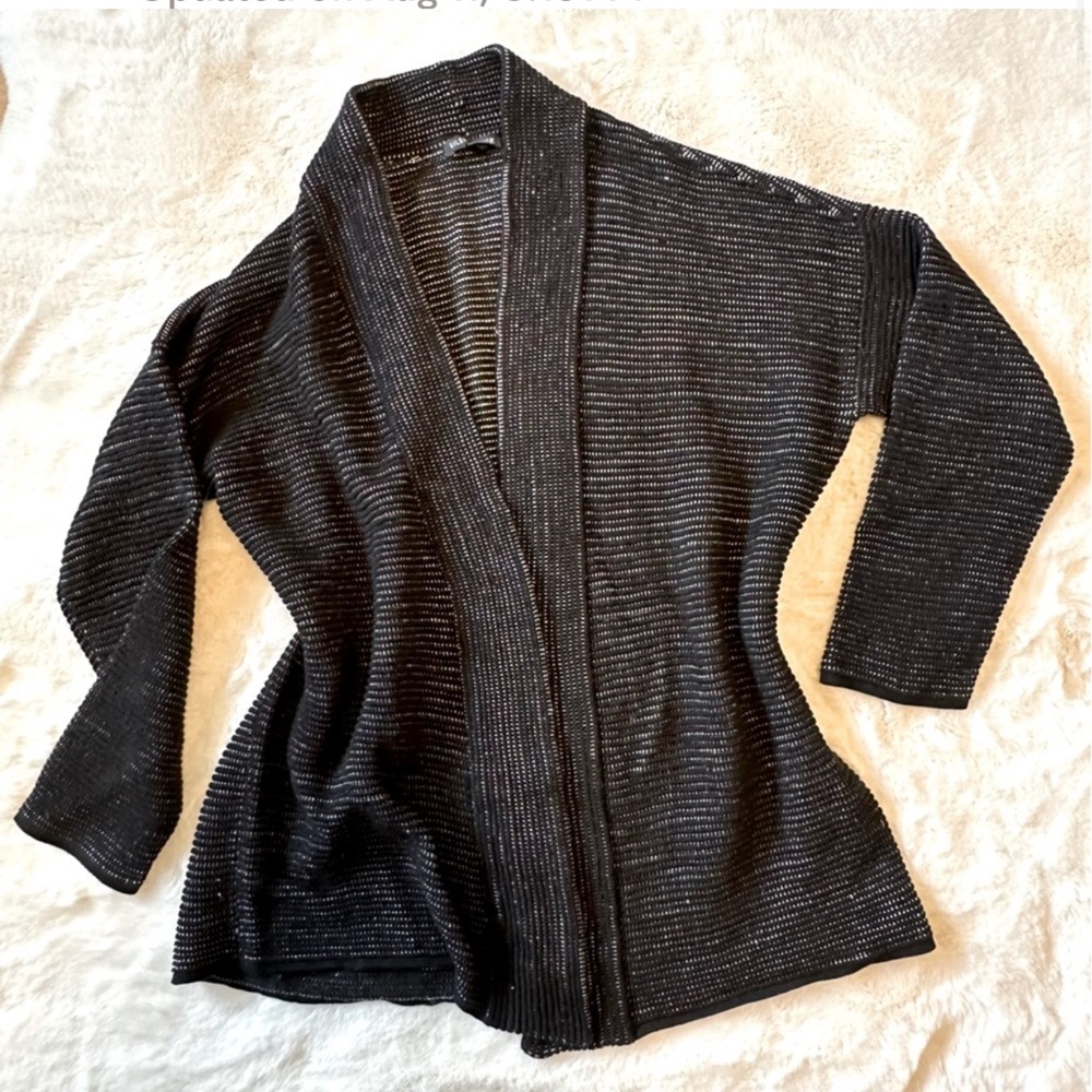 Eileen Fisher Cotton/Silk Open Cardigan - Medium - Ribbed - Black Stripe Nubby